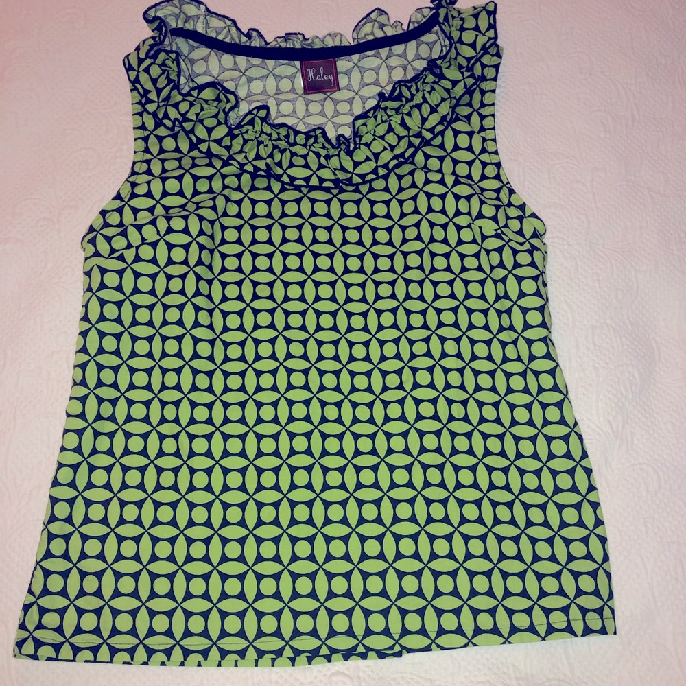 Haley and the Hound ruffled patterned Navy/Green sleeveless top-Medium